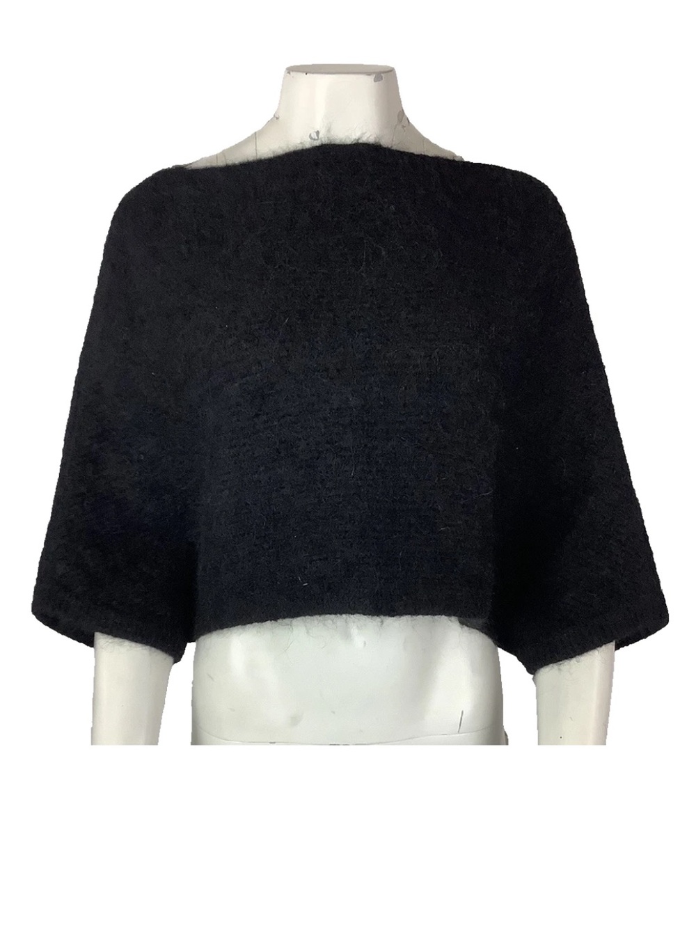 Zara Sz S/M Alpaca Blend Soft Feel Cropped Poncho Pullover Thin Sweater Black